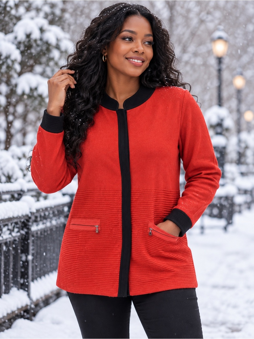 Exclusively Misook Women Plus Size 1X Travel Knit Full-Zip Jacket.
